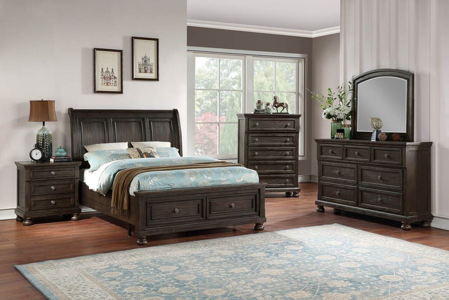 The appearance of Lauren Brushed Brown Acacia Sleigh Storage Bedroom Set designed by Avalon Furniture in the transitional interior design. This acacia brown piece of furniture  was selected by 1StopBedrooms from Lauren Collection to add a touch of cosiness and style into your home. Sku: B02255 5H;B02255 5SF;B02255 56SR;B02255 N. Product Type: Bedroom Set. Bed Size: Queen. Material: Rubberwood. Image1
