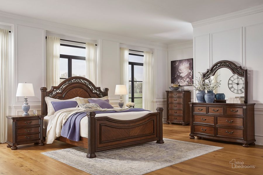 The appearance of Lavinton Brown Poster Bedroom Set designed by Signature Design by Ashley in the traditional interior design. This brown piece of furniture  was selected by 1StopBedrooms from Lavinton Collection to add a touch of cosiness and style into your home. Sku: B764-50;B764-71;B764-97;B764-93. Material: Wood. Product Type: Bedroom Set. Bed Size: Queen. Image1