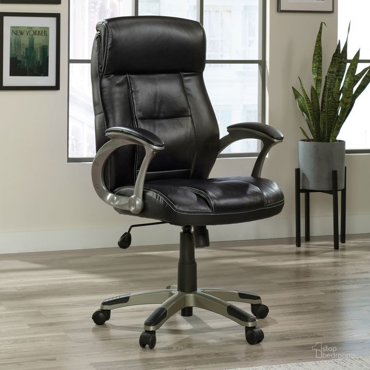 The appearance of Leather Manager's Chair In Black designed by Sauder in the modern / contemporary interior design. This black piece of furniture  was selected by 1StopBedrooms from  to add a touch of cosiness and style into your home. Sku: 414348. Product Type: Office Chair. Material: Engineered Wood. Image1