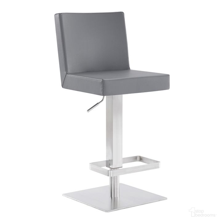 The appearance of Legacy Adjustable Height Swivel Gray Faux Leather and Brushed Stainless Steel Bar Stool designed by Armen Living in the modern / contemporary interior design. This gray piece of furniture  was selected by 1StopBedrooms from Legacy Collection to add a touch of cosiness and style into your home. Sku: LCLGSWBABSGR. Product Type: Barstool. Material: Stainless Steel. Image1