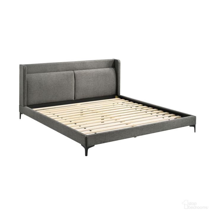 The appearance of Legend Gray Fabric King Platform Bed with Black Metal Legs designed by Armen Living in the modern / contemporary interior design. This gray piece of furniture  was selected by 1StopBedrooms from Legend Collection to add a touch of cosiness and style into your home. Sku: LCLEBDCHKGBX1;LCLEBDCHKGBX2. Bed Type: Platform Bed. Product Type: Platform Bed. Bed Size: King. Material: MDF. Image1