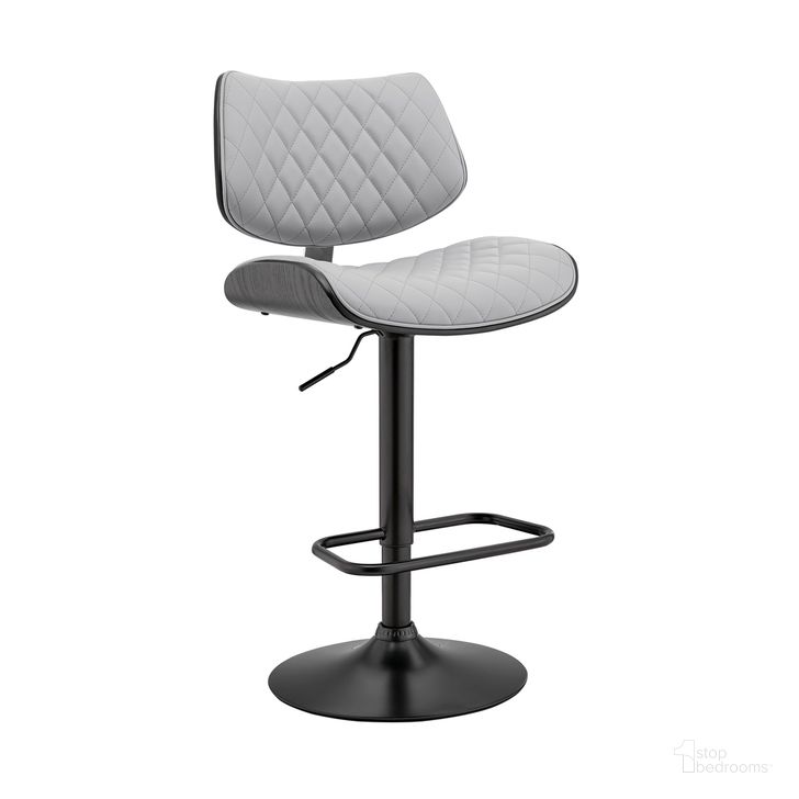 The appearance of Leland Adjustable Gray Faux Leather and Black Finish Bar Stool designed by Armen Living in the modern / contemporary interior design. This gray piece of furniture  was selected by 1StopBedrooms from Leland Collection to add a touch of cosiness and style into your home. Sku: LCLEBABLGR. Product Type: Barstool. Material: Iron. Image1