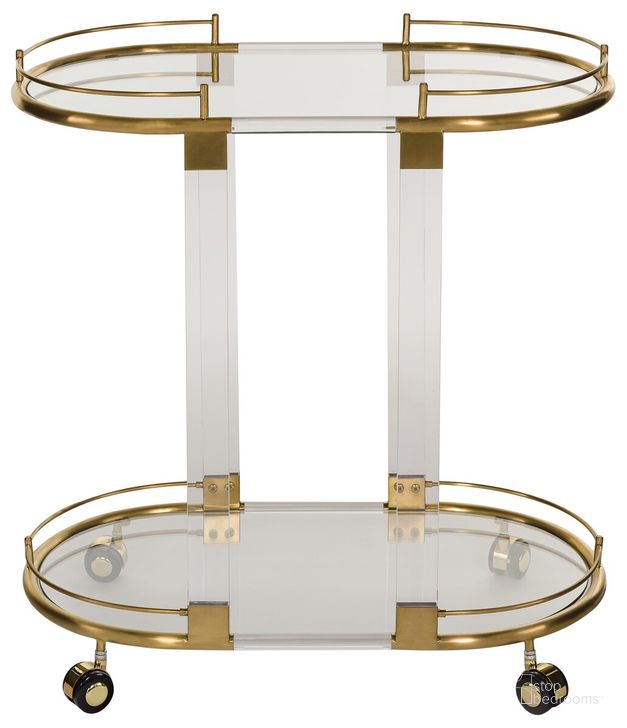 The appearance of Lennon Bar Trolley In Clear And Brass designed by Safavieh Couture in the modern / contemporary interior design. This brass piece of furniture  was selected by 1StopBedrooms from Lennon Collection to add a touch of cosiness and style into your home. Sku: SFV2501A. Material: Glass. Product Type: Bar Cart. Image1