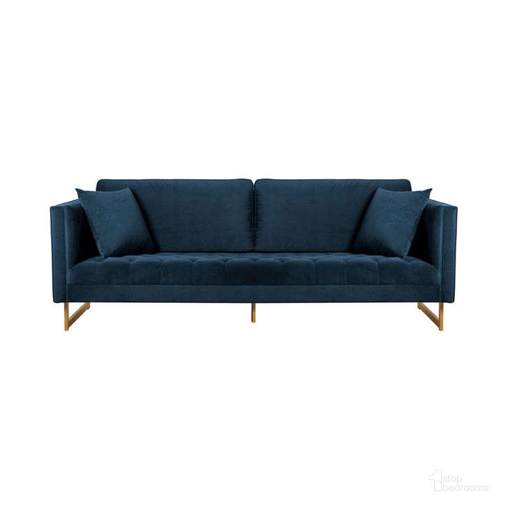 The appearance of Lenox Blue Velvet Modern Sofa with Brass Legs designed by Armen Living in the glam interior design. This blue piece of furniture  was selected by 1StopBedrooms from Lenox Collection to add a touch of cosiness and style into your home. Sku: LCLN3BLU. Material: Fabric. Product Type: Sofa. Image1