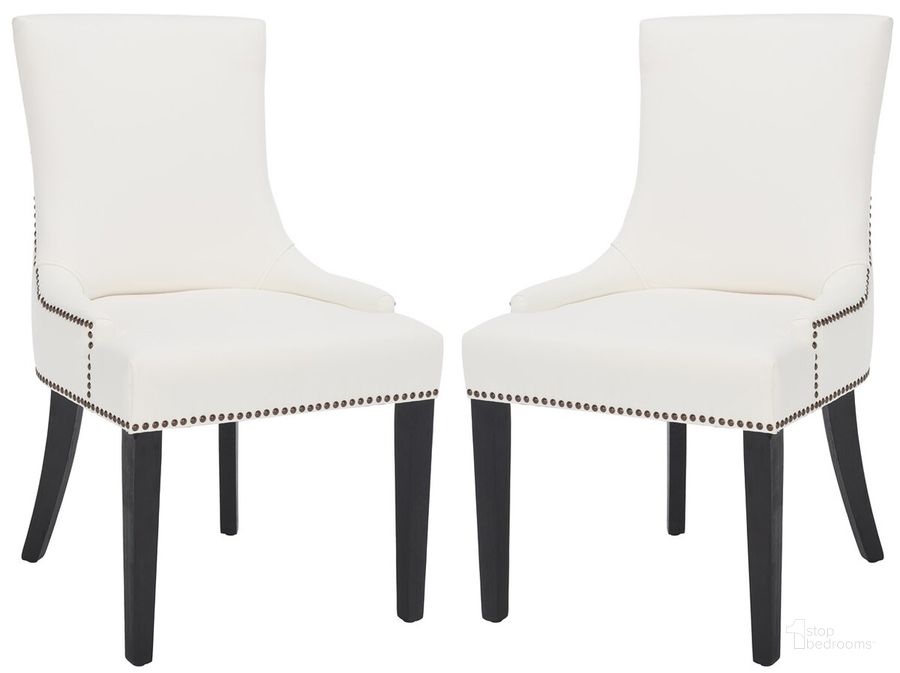 The appearance of Lester White and Espresso Dining Chair with Brass Nailhead Detail Set of 2 designed by Safavieh in the traditional interior design. This white piece of furniture  was selected by 1StopBedrooms from Lester Collection to add a touch of cosiness and style into your home. Sku: MCR4709M-SET2. Product Type: Dining Chair. Material: Stainless Steel. Image1