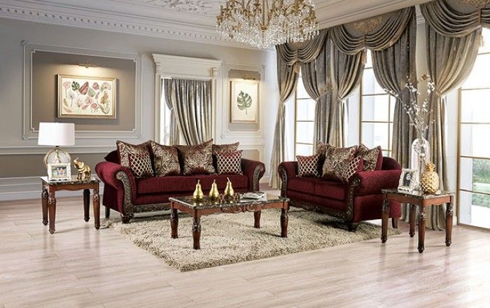 The appearance of Letizia Wine And Walnut Living Room Set designed by Furniture of America in the traditional interior design. This red piece of furniture  was selected by 1StopBedrooms from Letizia Collection to add a touch of cosiness and style into your home. Sku: SM7757-SF;SM7757-LV. Product Type: Living Room Set. Material: Chenille. Image1