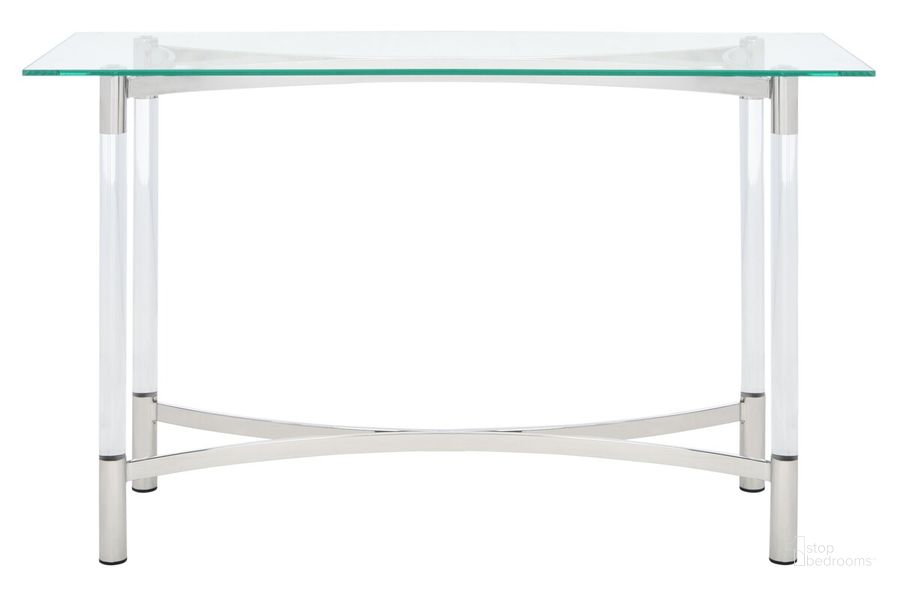 The appearance of Letty Acrylic Console Table In Silver designed by Safavieh Couture in the glam interior design. This silver piece of furniture  was selected by 1StopBedrooms from Letty Collection to add a touch of cosiness and style into your home. Sku: SFV2555A. Product Type: Console Table. Material: Stainless Steel. Image1