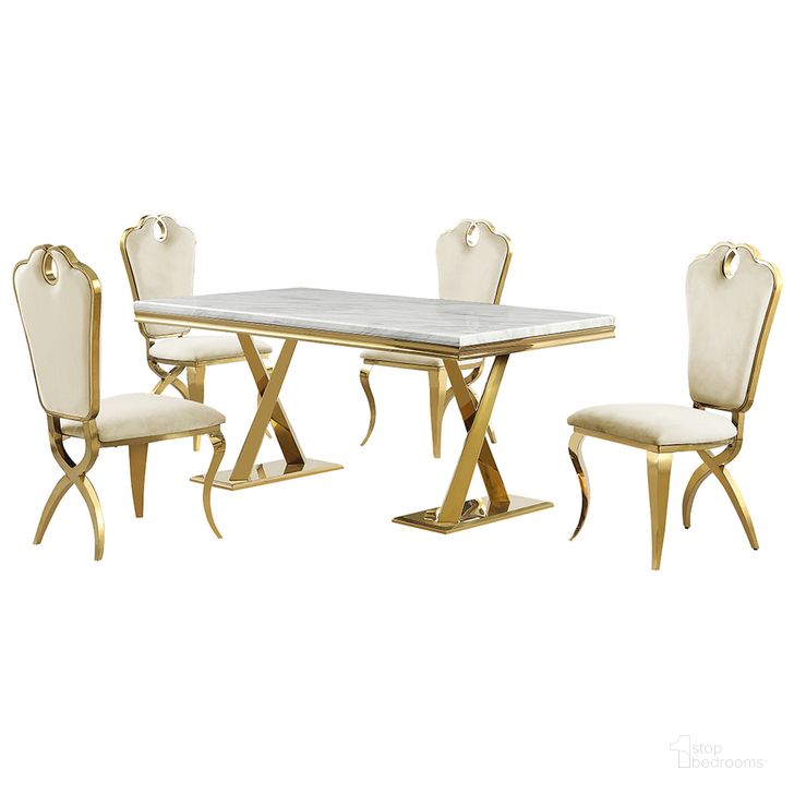 The appearance of Lexim Faux Marble 5-Piece Dining Set In Cream and Gold designed by Best Master Furniture in the modern / contemporary interior design. This cream/gold piece of furniture  was selected by 1StopBedrooms from Lexim Collection to add a touch of cosiness and style into your home. Sku: LX008CG5. Material: Marble. Product Type: Dining Room Set. Image1