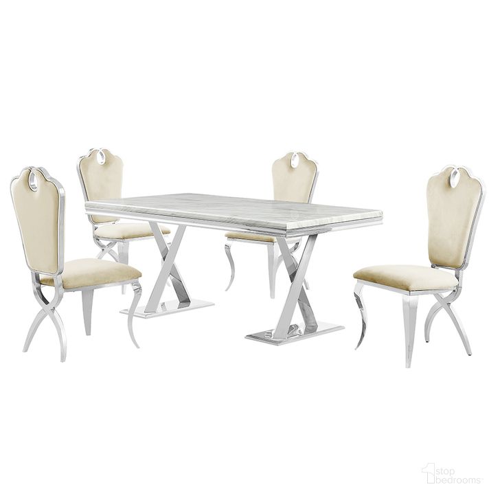 The appearance of Lexim Faux Marble 5-Piece Dining Set In Cream and Silver designed by Best Master Furniture in the modern / contemporary interior design. This silver/cream piece of furniture  was selected by 1StopBedrooms from Lexim Collection to add a touch of cosiness and style into your home. Sku: LX008CS5. Material: Marble. Product Type: Dining Room Set. Image1