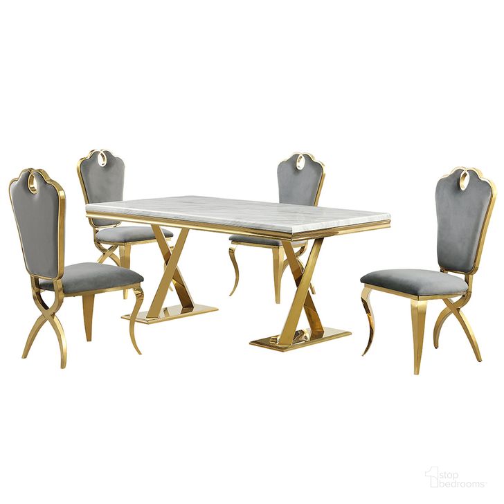 The appearance of Lexim Faux Marble 5-Piece Dining Set In Gray and Gold designed by Best Master Furniture in the modern / contemporary interior design. This gray and gold piece of furniture  was selected by 1StopBedrooms from Lexim Collection to add a touch of cosiness and style into your home. Sku: LX008GG5. Material: Marble. Product Type: Dining Room Set. Image1