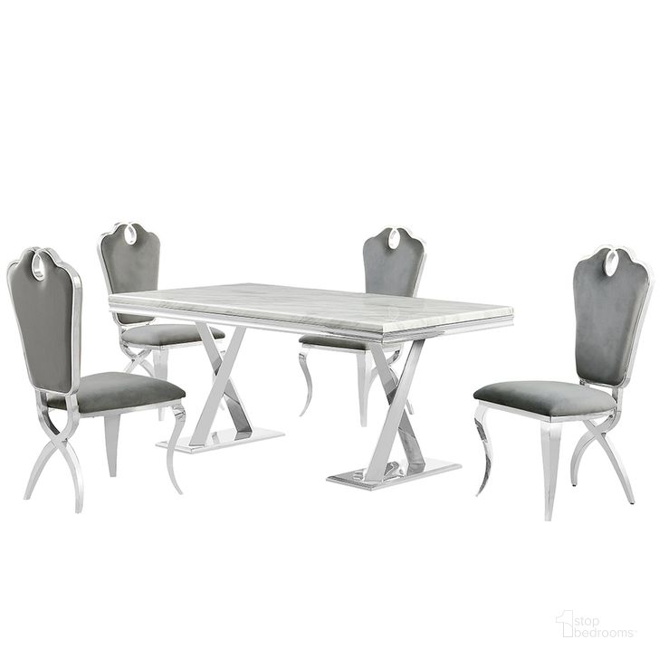 The appearance of Lexim Faux Marble 5-Piece Dining Set In Gray and Silver designed by Best Master Furniture in the modern / contemporary interior design. This silver and grey piece of furniture  was selected by 1StopBedrooms from Lexim Collection to add a touch of cosiness and style into your home. Sku: LX008GS5. Material: Marble. Product Type: Dining Room Set. Image1