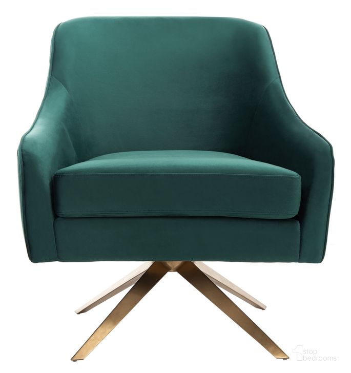 The appearance of Leyla Swivel Velvet Chair In Gold Emerald designed by Safavieh Couture in the modern / contemporary interior design. This gold emerald piece of furniture  was selected by 1StopBedrooms from Leyla Collection to add a touch of cosiness and style into your home. Sku: SFV4720B. Material: Wood. Product Type: Accent Chair. Image1