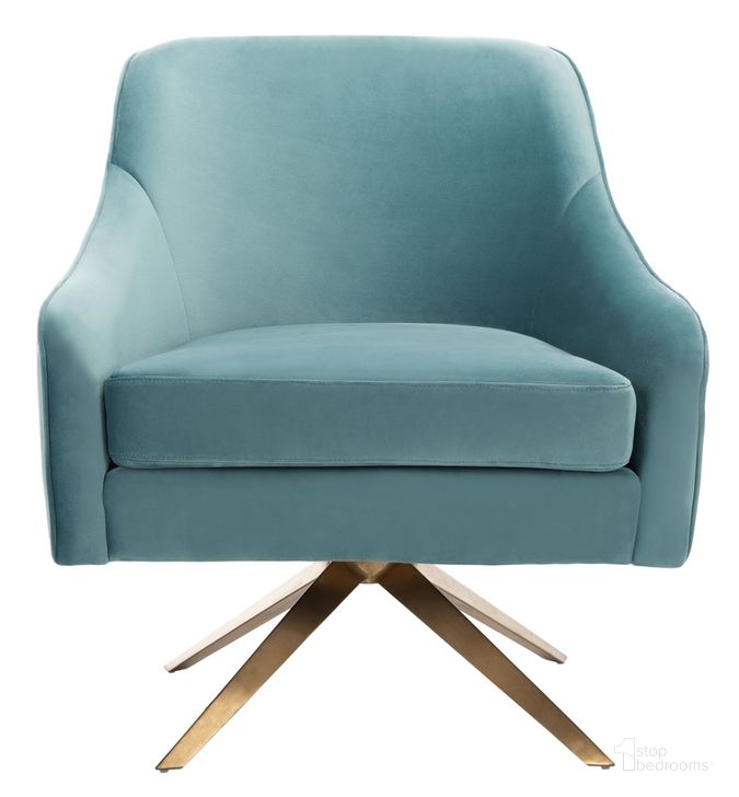 The appearance of Leyla Swivel Velvet Chair In Seafoam And Gold designed by Safavieh Couture in the modern / contemporary interior design. This seafoam piece of furniture  was selected by 1StopBedrooms from Leyla Collection to add a touch of cosiness and style into your home. Sku: SFV4720A. Material: Wood. Product Type: Accent Chair. Image1
