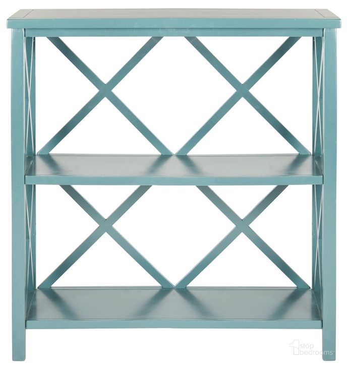 The appearance of Liam Slate Teal 2-Tier Open Bookcase designed by Safavieh in the country / farmhouse interior design. This teal piece of furniture  was selected by 1StopBedrooms from Liam Collection to add a touch of cosiness and style into your home. Sku: AMH6536E. Material: Wood. Product Type: Etagere. Image1