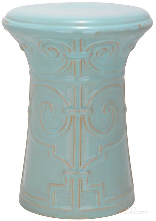 The appearance of Light Aqua Imperial Scroll Garden Stool designed by Safavieh in the modern / contemporary interior design. This light blue piece of furniture  was selected by 1StopBedrooms from Safavieh ACS Collection to add a touch of cosiness and style into your home. Sku: ACS4521C. Product Type: Stool. Image1