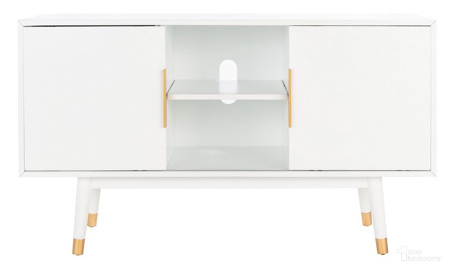The appearance of Ligia 2 Door Media Stand in White designed by Safavieh in the modern / contemporary interior design. This white piece of furniture  was selected by 1StopBedrooms from Ligia Collection to add a touch of cosiness and style into your home. Sku: MED6400A. Material: Wood. Product Type: TV Stand. Image1