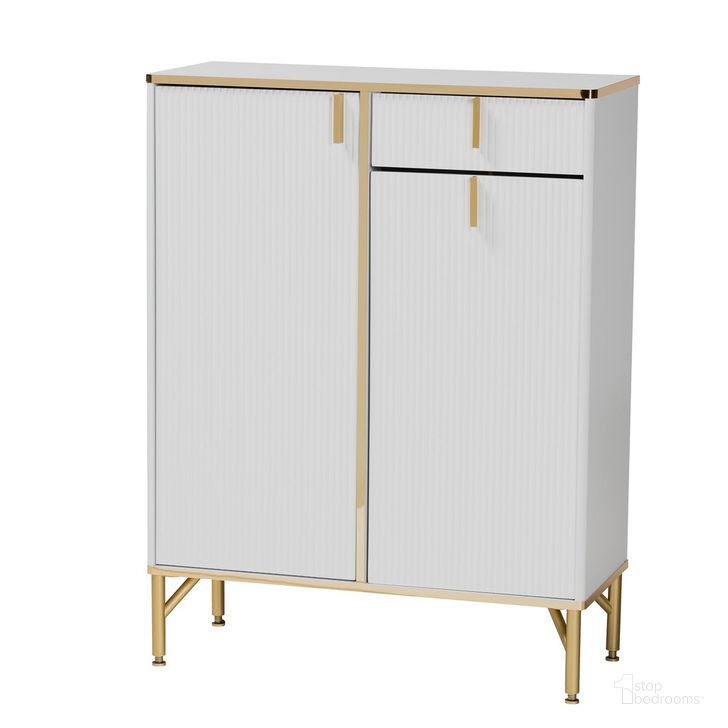 The appearance of Lilac Wood and Metal 2 Door Shoe Cabinet In White and Gold designed by Baxton Studio in the glam interior design. This white/gold piece of furniture  was selected by 1StopBedrooms from Lilac Collection to add a touch of cosiness and style into your home. Sku: LV47 SC4715WI-White-Shoe Cabinet. Product Type: Shoe Cabinet. Material: PVC. Image1