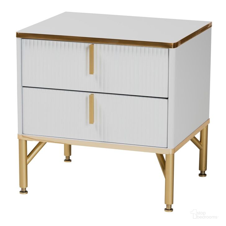 The appearance of Lilac Wood and Metal 2 Drawer Nightstand In White and Gold designed by Baxton Studio in the glam interior design. This white/gold piece of furniture  was selected by 1StopBedrooms from Lilac Collection to add a touch of cosiness and style into your home. Sku: LV47 ST4724WI-White/Gold-Nightstand. Product Type: Nightstand. Material: PVC. Image1