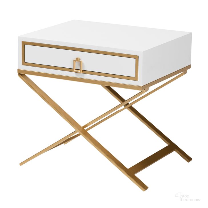 The appearance of Lilibet Wood and Metal 1 Drawer End Table In White and Gold designed by Baxton Studio in the glam interior design. This white and gold piece of furniture  was selected by 1StopBedrooms from Lilibet Collection to add a touch of cosiness and style into your home. Sku: JY21B017-White/Gold-ET. Product Type: End Table. Material: MDF. Image1