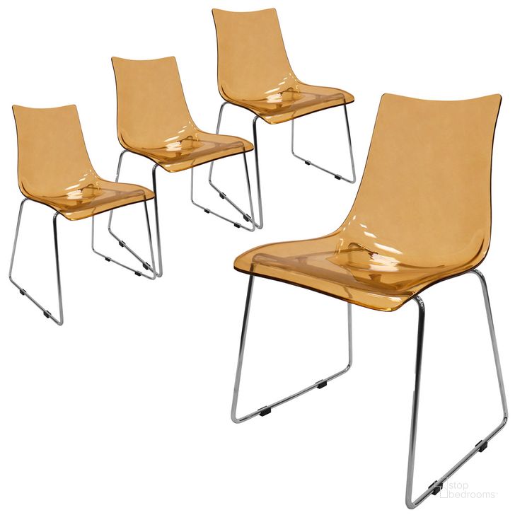 The appearance of Lima Acrylic Chair Set of 4 In Amber designed by LeisureMod in the modern / contemporary interior design. This amber piece of furniture  was selected by 1StopBedrooms from Lima Collection to add a touch of cosiness and style into your home. Sku: LC19A4. Product Type: Accent Chair. Material: Acrylic. Image1