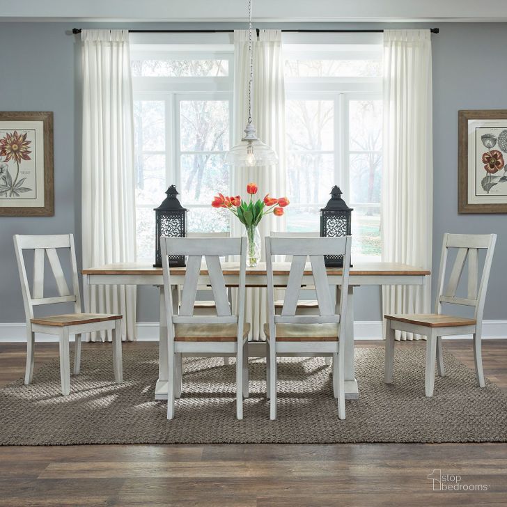 The appearance of Lindsey Farm Weathered White And Sandstone Extendable Trestle Dining Room Set designed by Liberty in the transitional interior design. This brown piece of furniture  was selected by 1StopBedrooms from Lindsey Farm Collection to add a touch of cosiness and style into your home. Sku: 62WH-P3878;62WH-T3878;62WH-C2500S. Product Type: Dining Room Set. Material: Rubberwood. Image1