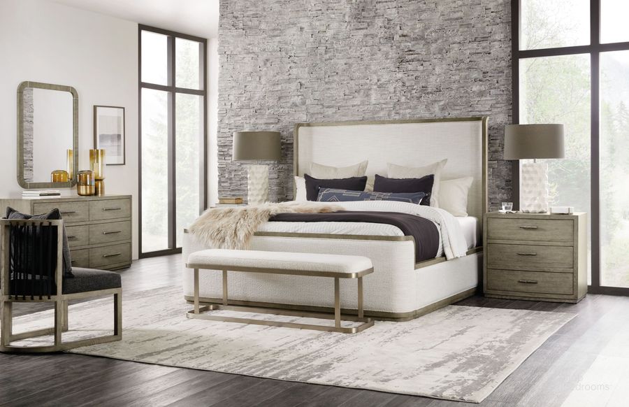 The appearance of Linville Falls Beige And Soft Smoked Gray Boones upholstered Shelter Bedroom Set designed by Hooker in the transitional interior design. This beige and gray piece of furniture  was selected by 1StopBedrooms from Linville Collection to add a touch of cosiness and style into your home. Sku: 6150-90451-85;6150-90452-85;6150-90453-85;6150-90216-85. Product Type: Bedroom Set. Bed Size: Queen. Material: Wood Veneer. Image1