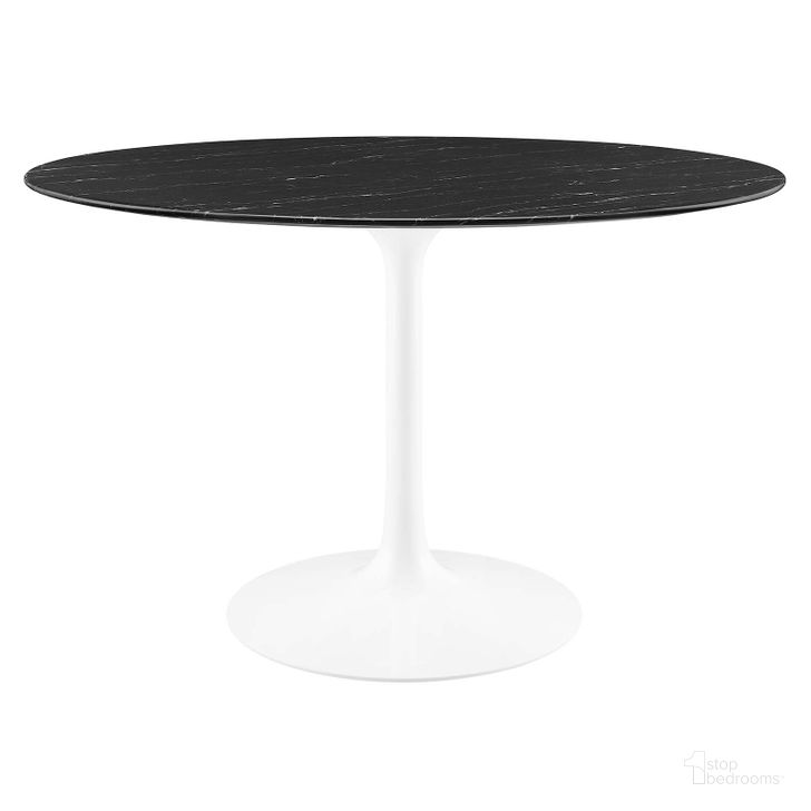 The appearance of Lippa 47 Inch Artificial Marble Dining Table designed by Modway in the modern / contemporary interior design. This white black piece of furniture  was selected by 1StopBedrooms from Lippa Collection to add a touch of cosiness and style into your home. Sku: EEI-5182-WHI-BLK. Table Base Style: Pedestal. Table Top Shape: Round. Product Type: Dining Table. Material: MDF. Size: 47". Image1