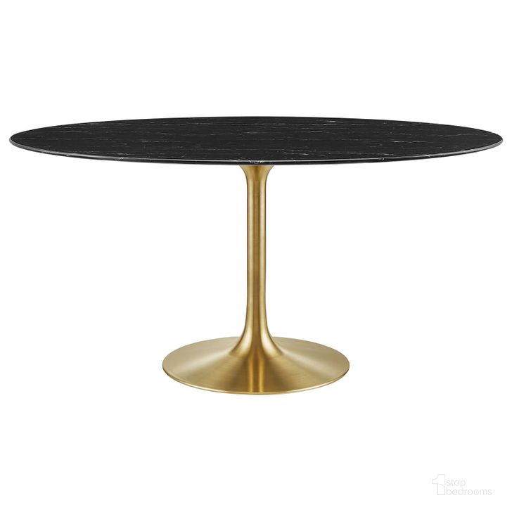 The appearance of Lippa 60 Inch Oval Artificial Marble Dining Table In Black and Gold designed by Modway in the modern / contemporary interior design. This black and gold piece of furniture  was selected by 1StopBedrooms from Lippa Collection to add a touch of cosiness and style into your home. Sku: EEI-5243-GLD-BLK. Table Base Style: Pedestal. Table Top Shape: Oval. Material: Marble. Product Type: Dining Table. Size: 60". Image1