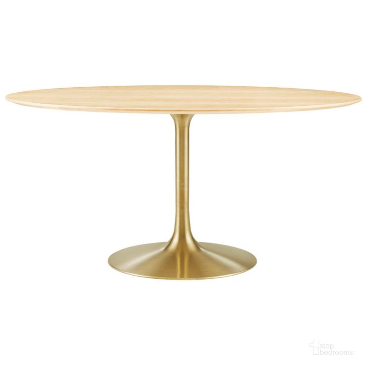 The appearance of Lippa 60 Inch Oval Wood Dining Table In Natural and Gold designed by Modway in the modern / contemporary interior design. This natural and gold piece of furniture  was selected by 1StopBedrooms from Lippa Collection to add a touch of cosiness and style into your home. Sku: EEI-5525-GLD-NAT. Table Base Style: Pedestal. Table Top Shape: Oval. Material: Wood. Product Type: Dining Table. Size: 60". Image1