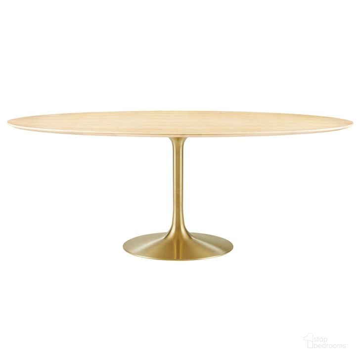 The appearance of Lippa 78 Inch Oval Wood Dining Table In Natural and Gold designed by Modway in the modern / contemporary interior design. This natural and gold piece of furniture  was selected by 1StopBedrooms from Lippa Collection to add a touch of cosiness and style into your home. Sku: EEI-5527-GLD-NAT. Table Base Style: Pedestal. Table Top Shape: Oval. Material: Wood. Product Type: Dining Table. Size: 78". Image1