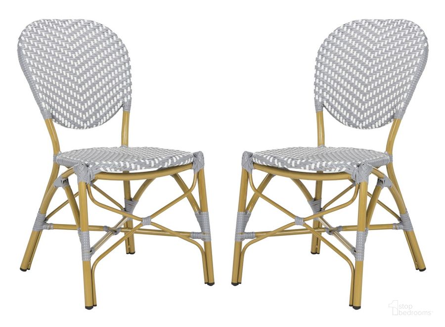 The appearance of Lisbeth Grey and White French Bistro Stacking Side Chair Set of 2 designed by Safavieh in the transitional interior design. This grey/white piece of furniture  was selected by 1StopBedrooms from Lisbeth Collection to add a touch of cosiness and style into your home. Sku: PAT4010B-SET2. Product Type: Side Chair. Material: Aluminium. Image1