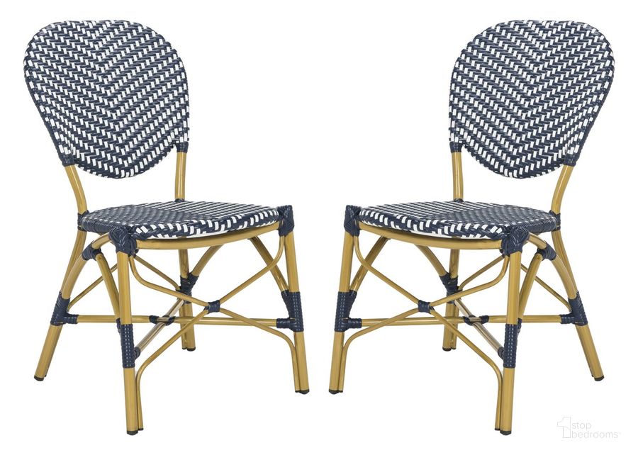 The appearance of Lisbeth Navy and White French Bistro Stacking Side Chair Set of 2 designed by Safavieh in the transitional interior design. This white navy piece of furniture  was selected by 1StopBedrooms from Lisbeth Collection to add a touch of cosiness and style into your home. Sku: PAT4010A-SET2. Product Type: Side Chair. Material: Aluminium. Image1
