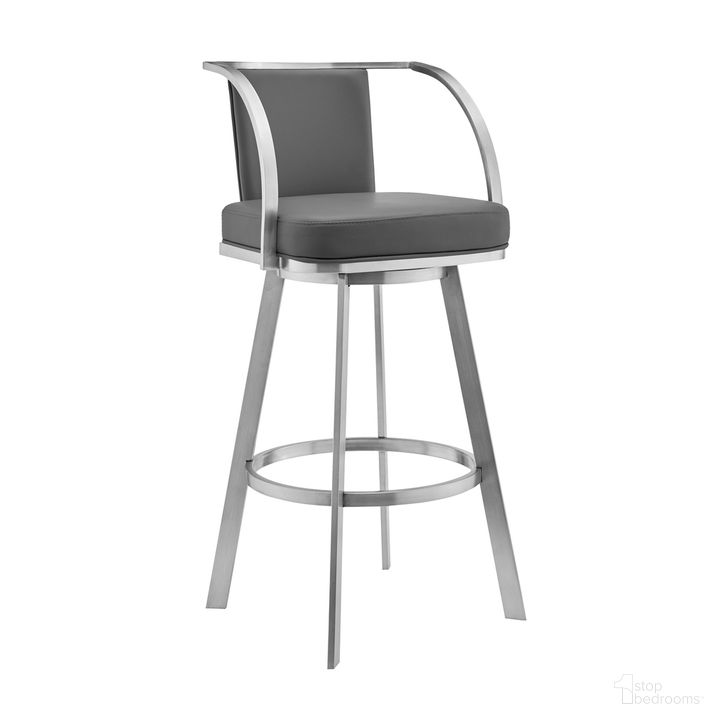 The appearance of Livingston 26 Inch Gray Faux Leather and Brushed Stainless Steel Swivel Bar Stool designed by Armen Living in the modern / contemporary interior design. This gray piece of furniture  was selected by 1StopBedrooms from Livingston Collection to add a touch of cosiness and style into your home. Sku: LCLVBABSGR26. Product Type: Barstool. Material: Stainless Steel. Image1