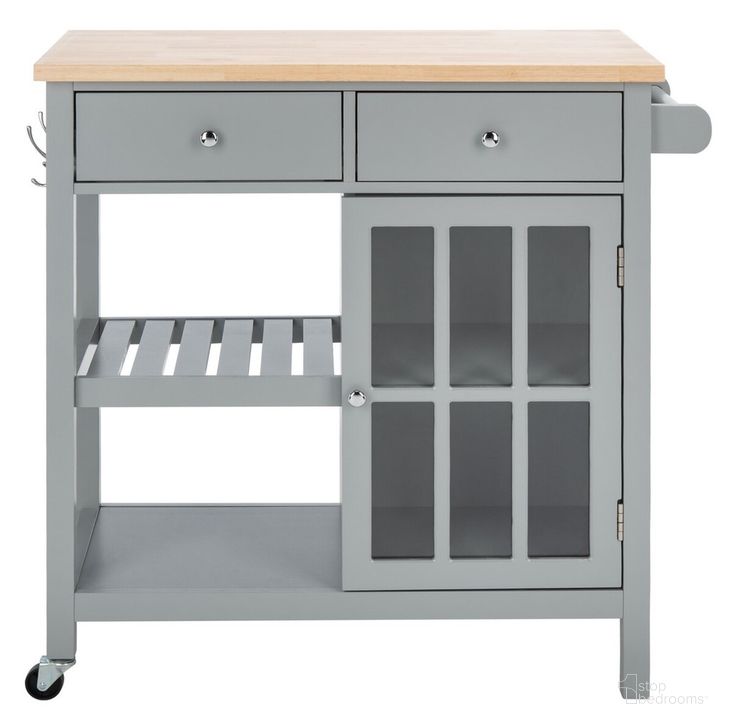 The appearance of Locklyn 1 Door 2 Drawer 2 Shelf Kitchen Cart in Grey and Natural designed by Safavieh in the country / farmhouse interior design. This grey and natural piece of furniture  was selected by 1StopBedrooms from Locklyn Collection to add a touch of cosiness and style into your home. Sku: KCH8703A. Material: Wood. Product Type: Kitchen Cart. Image1