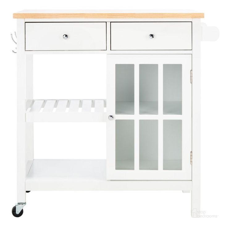 The appearance of Locklyn 1 Door 2 Drawer 2 Shelf Kitchen Cart in White and Natural designed by Safavieh in the country / farmhouse interior design. This white and natural piece of furniture  was selected by 1StopBedrooms from Locklyn Collection to add a touch of cosiness and style into your home. Sku: KCH8703B. Material: Wood. Product Type: Kitchen Cart. Image1