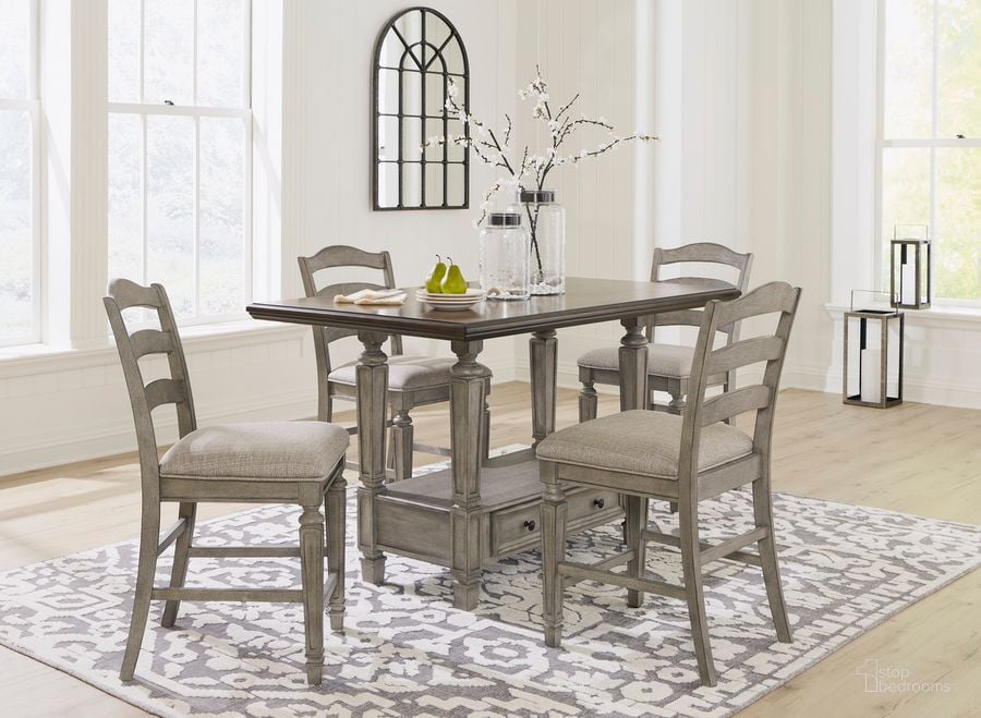 The appearance of Lodenbay Antique Gray Rectangular Counter Height Dining Room Set designed by Signature Design by Ashley in the transitional interior design. This brown and gray piece of furniture  was selected by 1StopBedrooms from Lodenbay Collection to add a touch of cosiness and style into your home. Sku: D751-13;D751-124. Material: Wood. Product Type: Dining Room Set. Image1