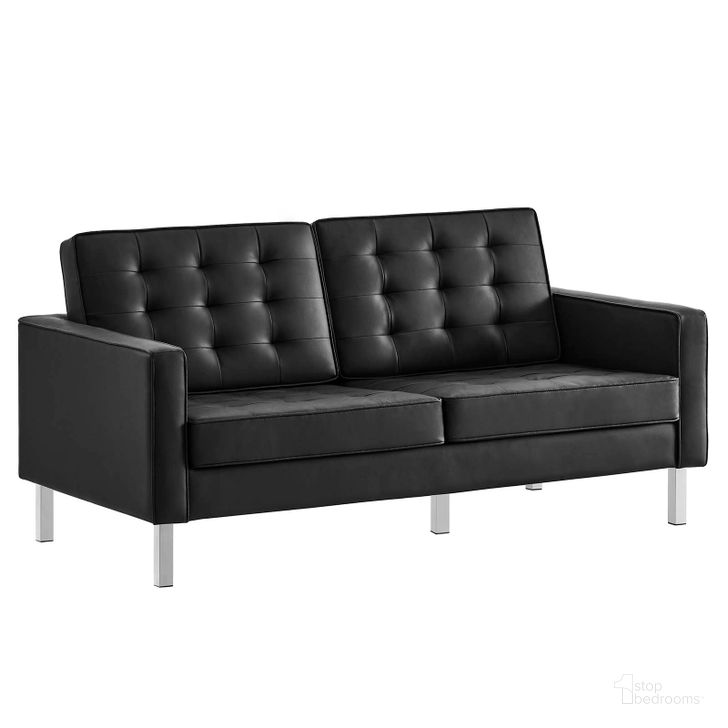 The appearance of Loft Silver and Black Tufted Upholstered Faux Leather Loveseat designed by Modway in the modern / contemporary interior design. This silver and black piece of furniture  was selected by 1StopBedrooms from Loft Collection to add a touch of cosiness and style into your home. Sku: EEI-3388-SLV-BLK. Product Type: Loveseat. Material: Pine. Image1