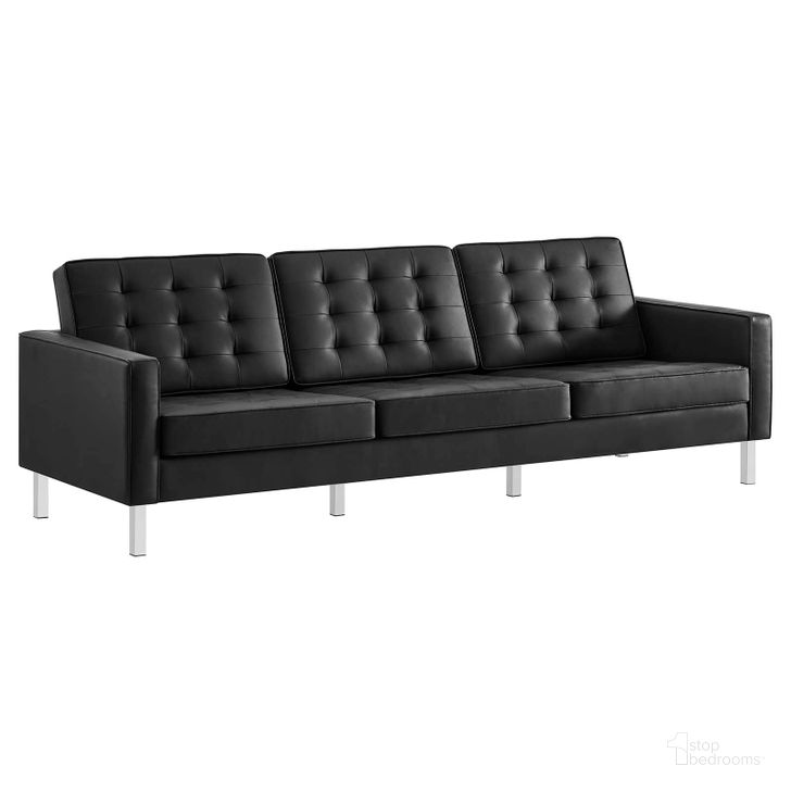 The appearance of Loft Silver and Black Tufted Upholstered Faux Leather Sofa designed by Modway in the modern / contemporary interior design. This silver and black piece of furniture  was selected by 1StopBedrooms from Loft Collection to add a touch of cosiness and style into your home. Sku: EEI-3385-SLV-BLK. Material: Leather. Product Type: Leather Sofa. Image1