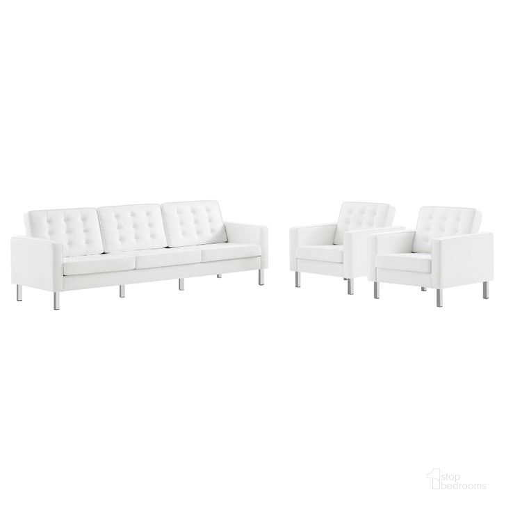 The appearance of Loft Silver and White 3 Piece Tufted Upholstered Faux Leather Set designed by Modway in the modern / contemporary interior design. This silver and white piece of furniture  was selected by 1StopBedrooms from Loft Collection to add a touch of cosiness and style into your home. Sku: EEI-4105-SLV-WHI-SET. Product Type: Living Room Set. Material: Pine. Image1