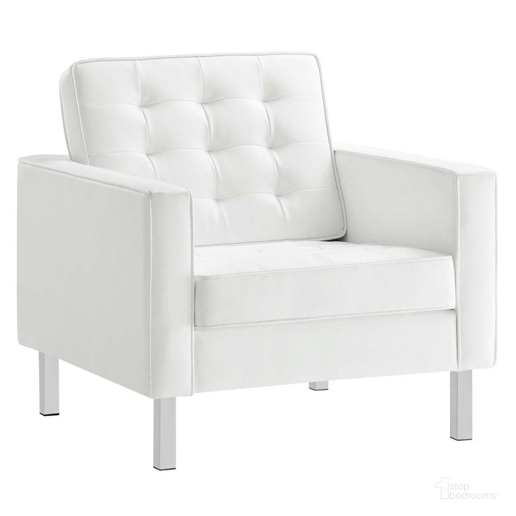 The appearance of Loft Silver and White Tufted Upholstered Faux Leather Arm Chair designed by Modway in the modern / contemporary interior design. This silver and white piece of furniture  was selected by 1StopBedrooms from Loft Collection to add a touch of cosiness and style into your home. Sku: EEI-3391-SLV-WHI. Product Type: Living Room Chair. Material: Pine. Image1