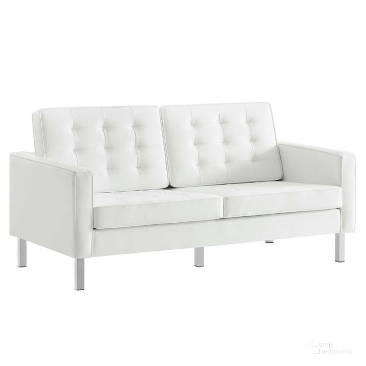 The appearance of Loft Silver and White Tufted Upholstered Faux Leather Loveseat designed by Modway in the modern / contemporary interior design. This silver and white piece of furniture  was selected by 1StopBedrooms from Loft Collection to add a touch of cosiness and style into your home. Sku: EEI-3388-SLV-WHI. Product Type: Loveseat. Material: Pine. Image1