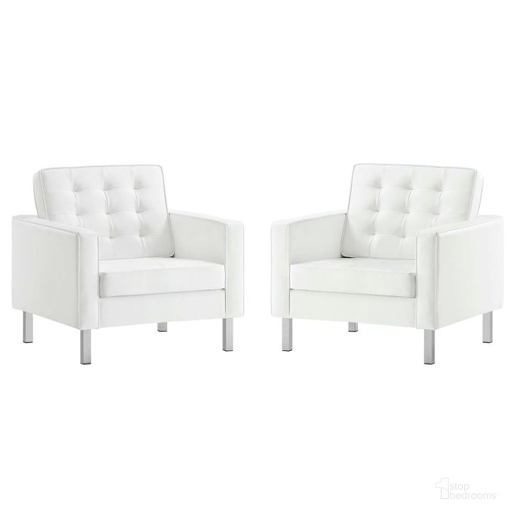 The appearance of Loft Tufted Upholstered Faux Leather Armchair Set of 2 EEI-4101-SLV-WHI designed by Modway in the modern / contemporary interior design. This silver and black piece of furniture  was selected by 1StopBedrooms from Loft Collection to add a touch of cosiness and style into your home. Sku: EEI-4101-SLV-WHI. Product Type: Arm Chair. Material: Pine. Image1