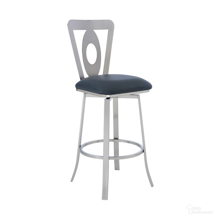 The appearance of Lola Contemporary 30 Inch Bar Height Barstool In Brushed Stainless Steel Finish and Gray Faux Leather designed by Armen Living in the modern / contemporary interior design. This gray piece of furniture  was selected by 1StopBedrooms from Lola Collection to add a touch of cosiness and style into your home. Sku: LCLLBABSGR30. Product Type: Barstool. Material: Stainless Steel. Image1
