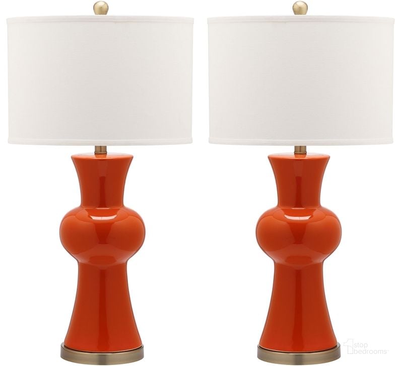 The appearance of Lola Orange Column Lamp with White Shade- Set of 2 designed by Safavieh in the modern / contemporary interior design. This orange piece of furniture  was selected by 1StopBedrooms from Lola Collection to add a touch of cosiness and style into your home. Sku: LIT4150D-SET2. Product Type: Table Lamp. Image1