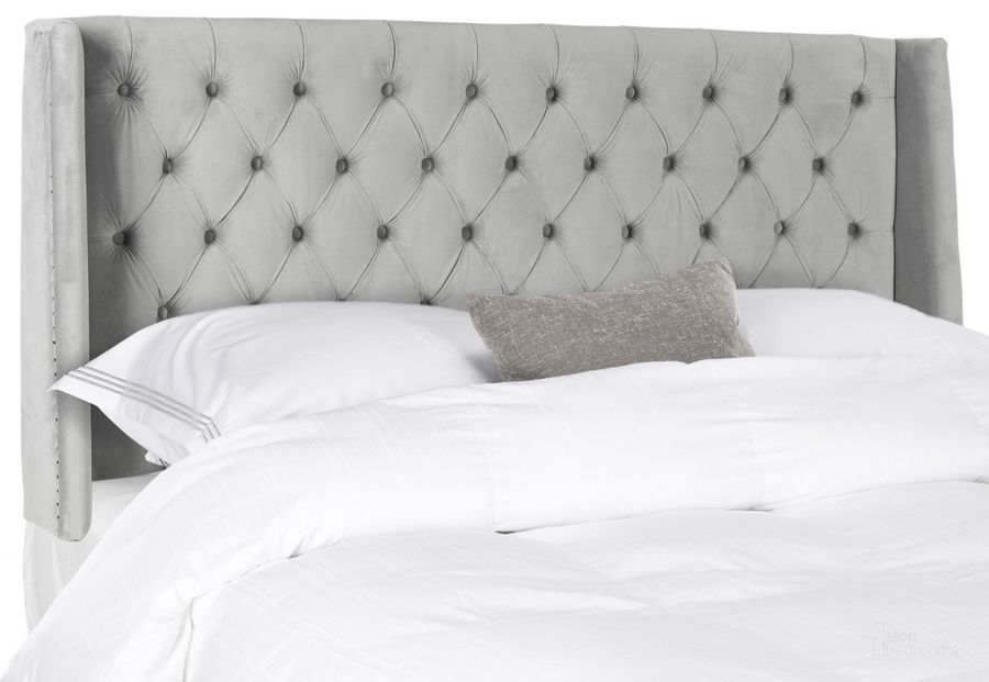 The appearance of London Pewter Tufted Winged Queen Headboard with Flat Nailhead Detail designed by Safavieh in the modern / contemporary interior design. This pewter piece of furniture  was selected by 1StopBedrooms from London Collection to add a touch of cosiness and style into your home. Sku: MCR4048E-Q. Product Type: Headboard. Bed Size: Queen. Image1
