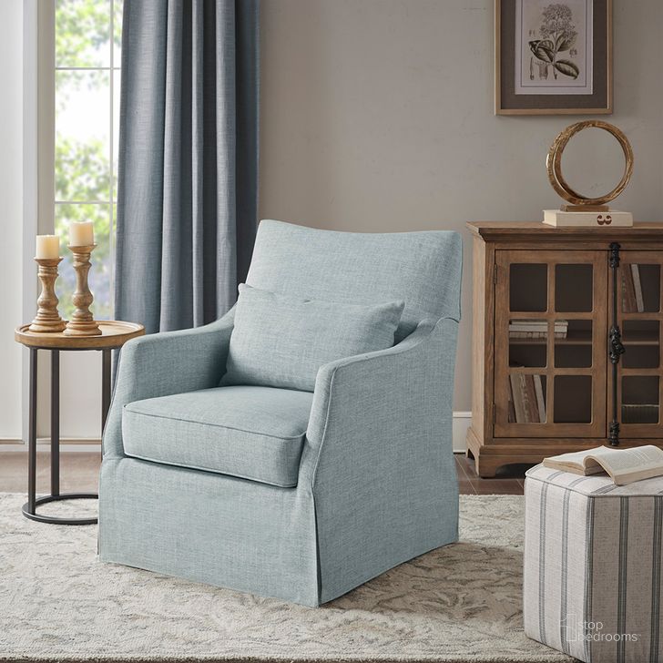 The appearance of London Skirted Swivel Chair In Light Blue designed by Olliix in the traditional interior design. This light blue piece of furniture  was selected by 1StopBedrooms from London Collection to add a touch of cosiness and style into your home. Sku: MT103-0170. Product Type: Swivel Chair. Material: Plywood. Image1