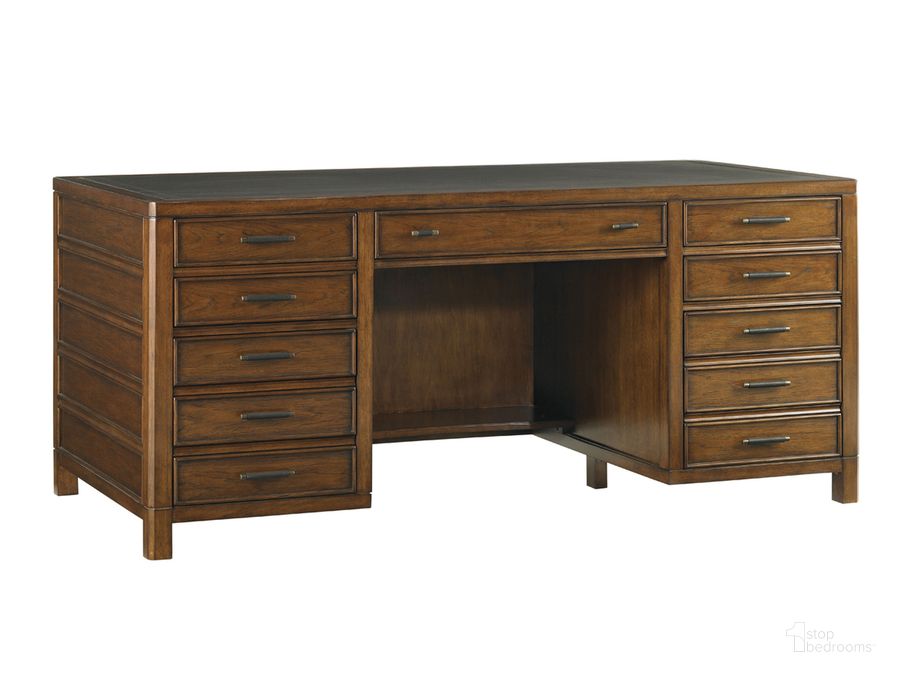 The appearance of Longboat Key Warm Sundrenched Pedestal Desk designed by Sligh in the transitional interior design. This brown piece of furniture  was selected by 1StopBedrooms from Longboat Key Collection to add a touch of cosiness and style into your home. Sku: 04-279LK-400. Material: Metal. Product Type: Office Desk. Image1