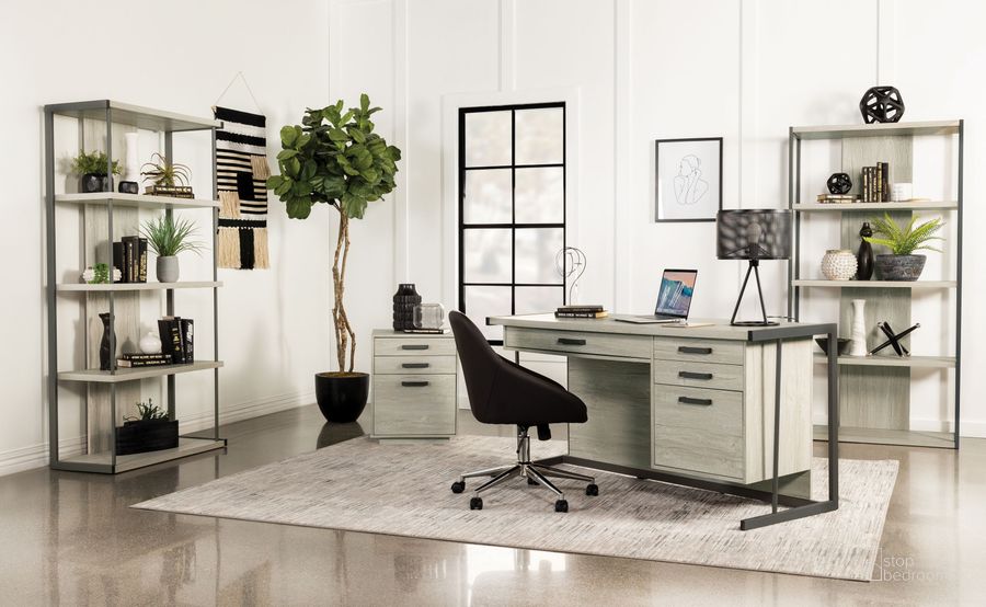The appearance of Loomis Whitewashed Grey And Gunmetal 4 Drawer Rectangular Home Office Set designed by Coaster in the modern / contemporary interior design. This gray piece of furniture  was selected by 1StopBedrooms from Loomis Collection to add a touch of cosiness and style into your home. Sku: 805881;805882. Product Type: Home Office Set. Material: Melamine. Image1