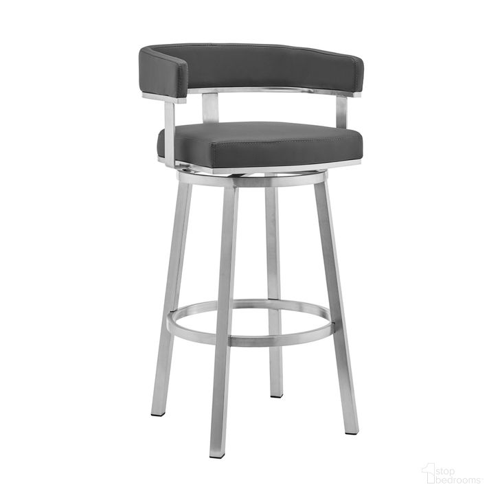 The appearance of Lorin 30 Inch Gray Faux Leather and Brushed Stainless Steel Swivel Bar Stool designed by Armen Living in the modern / contemporary interior design. This gray piece of furniture  was selected by 1StopBedrooms from Lorin Collection to add a touch of cosiness and style into your home. Sku: LCLRBABSGR30. Product Type: Barstool. Material: Stainless Steel. Image1