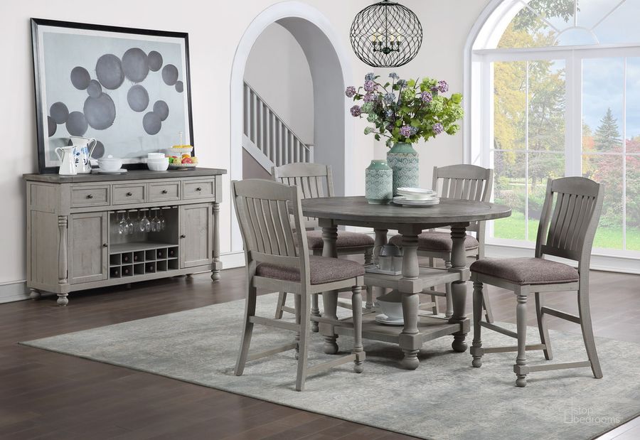 The appearance of Lorraine Distressed Gray Round Counter Height Dining Room Set designed by Avalon Furniture in the traditional interior design. This distressed gray piece of furniture  was selected by 1StopBedrooms from Lorraine Collection to add a touch of cosiness and style into your home. Sku: D00622 GT;D00622 GC. Product Type: Dining Room Set. Material: Solid Pine. Image1